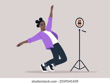 An African girl passionately engages in contemporary dance, showcasing her grace and energy against a simple backdrop with a tripod nearby, highlighting her artistic journey