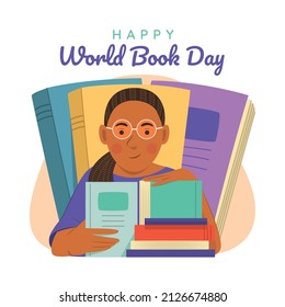 African Girl with Pile of Books for World Book Day Illustration.