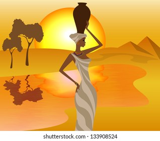 African girl with a pitcher goes to fetch water, vector illustration