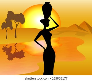 African girl with a pitcher goes to fetch water, vector illustration 