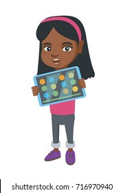 African girl playing game on a tablet computer. Girl showing a tablet computer with a game on a screen. Girl using a tablet computer. Vector sketch cartoon illustration isolated on white background.