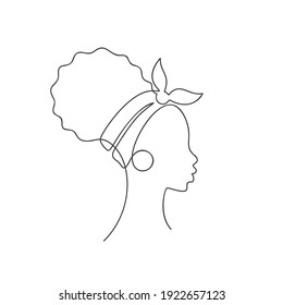 African girl in profile with curly hair bun, bandana and big earrings ring, Continuous one line drawing, Abstract female fashion illustration single line, Afro teenage face minimalist contemporary art