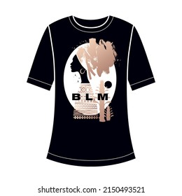 African girl in profile and plants cacti silhouette. BLM inscription. Decorative print on a T-shirt. Gold foil, black and white. Vector illustration.