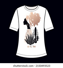 African girl in profile and plants cacti silhouette. BLM inscription. Decorative print on a T-shirt. Gold foil, black and white. Vector illustration.