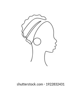 African Girl In Profile Short Hair And Big Earrings Ring, Continuous One Line Drawing, Abstract Female Fashion Illustration Single Line, Afro Teenage Face Minimalist Black And White Contemporary Art