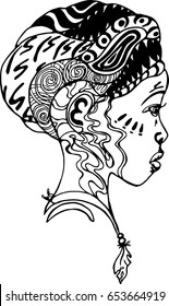 African girl in profile. Tattoo art illustration