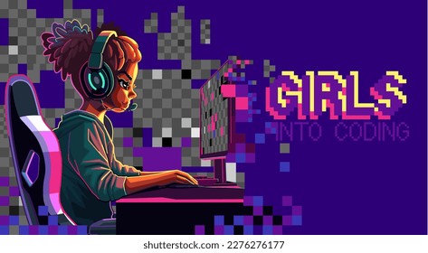 African girl programmer with a headset sits in front of a computer. Side view, cartoon anime style. Vector character isolated on an absctract pixel background