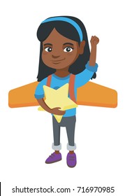 African girl with raised arm playing with airplane wings and holding a star in hand. Little girl with airplane wings behind her back. Vector sketch cartoon illustration isolated on white background.