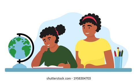 An African girl reads a book with her mother. A schoolboy at the table. black. Flat vector illustration, do your homework. tutor