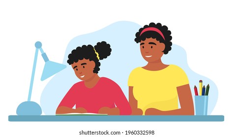 An African girl reads a book with her mother. A schoolboy at the table. black. Flat vector illustration, do your homework. tutor