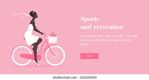 The African girl is riding a bicycle. Bride. Rest and vacation. Wedding. Horizontal banner with text. Vector flat illustration