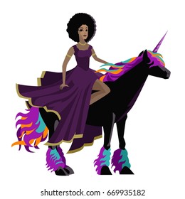 african girl riding a black unicorn