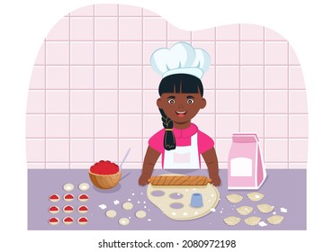 Una niña africana produce masa cruda para hacer un producto de harina relleno. Estilo de caricatura. Vector. Tema de cocina, comida.