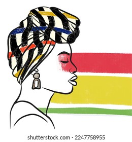 African girl with a scarf on her head, strokes of paint in red, green and yellow colors, doodle style