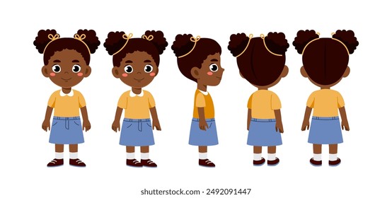 African girl set. Schoolgirl in casual clothes. Pack of characters in different viewing angles. Design elements for creating animations. Flat vector collection isolated on white background