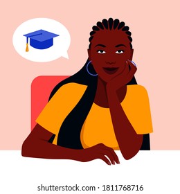 An African girl sits at a table and dreams about studying at the university. Vector flat illustration