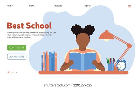 African girl sitting on the table and read book. Web page for cites design. Vector illustration