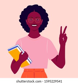 An African girl smiles and shows a victory sign. Happy student with books. Hand gesture. Vector flat illustration