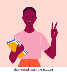 An African girl smiles and shows a victory sign. Happy student with books. Hand gesture. Vector flat illustration