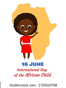 African girl smiling happily against the background of the map of the continent of Africa. Poster for International Day of the African Child.