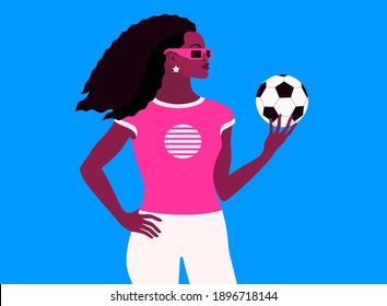 African girl with soccer ball. Fitness coach, fitness instructor, physical education teacher or football fan girl. Vector illustration