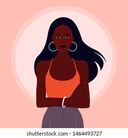 African girl standing with arms crossed. Portrait of a happy young woman on the background of the sun. Vector flat illustration