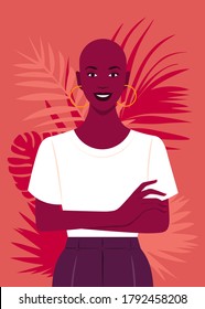African Girl Standing With Arms Crossed. Portrait Of A Happy Young Bald Woman. Vector Flat Illustration