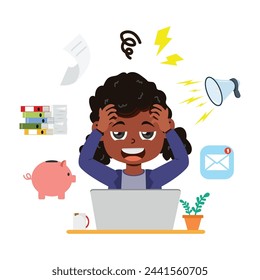 african girl stressed Multitasking worker tired cartoon