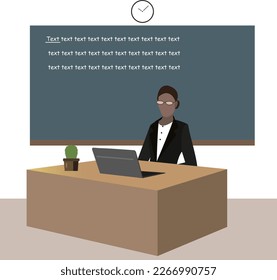 A african girl in a strict uniform sits at a table with a laptop and a cactus
On the wall there is a clock with a board
All by layers with names