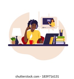 African girl study at computer. Online learning concept. Video lesson. Distance study. Can use for web banner, infographics, hero images. Vector illustration. Flat style.