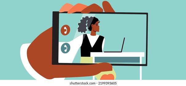 African girl studying in college or school remotely, flat vector stock illustration with child as online e-learning concept