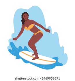 African girl surfing on big waves. Poster design catch a wave.Windsurfer on board boardsailing in sea water, wave. Wind surfing and sailing activity in ocean in summer. Flat vector hand draw