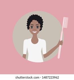 African girl, teenager holds a toothbrush in his hand - vector. Tooth protection. Pediatric dentist icon.