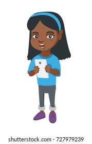 African girl using smartphone. Little girl with smartphone. Girl addicted to her smartphone. Smiling girl playing game on mobile phone. Vector sketch cartoon illustration isolated on white background.