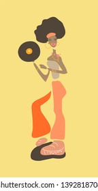 African girl with vinyl disc  dressed in retro  disco style clothes. Minimalist vector illustration.Poster,flyer, decorative element for web. Isolated.  Dark yellow background.