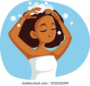 African Girl Washing Hair Vector Illustration. Young woman using shampoo and hair care products
