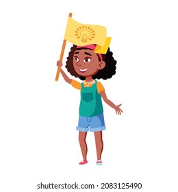african girl waving flag in kid camp cartoon vector. african girl waving flag in kid camp character. isolated flat cartoon illustration