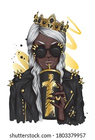 African girl wearing a crown, leather jacket, glasses and coffee. Stylish clothes. Black woman. Vector illustration, fashion and style.