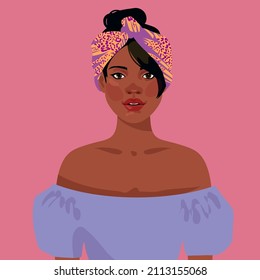 African  girl is wearing a tropical print turban. Self-confident young woman with brown skin in traditional headdress portrait front view. Vector illustration. 