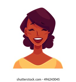 African girl woman, laughing facial expression, cartoon vector illustrations isolated on white background. Black woman laughing out load with closed eyes and open mouth. Laughing face expression