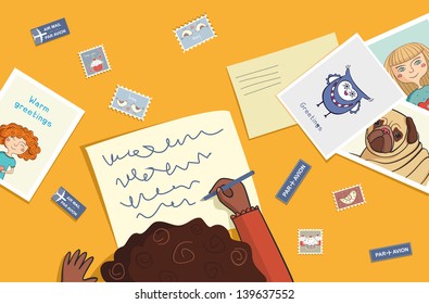 African girl writes a letter with postcard