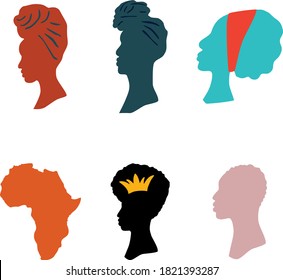 African girls, black queens silhouettes on white background. Vector illustration