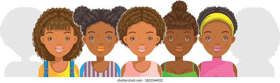 African girls group. American girls group. Girl group face set. Female portrait. Head, face and  hairstyle for puberty girl.