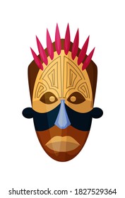 African God Mask. Shaman, Deity Facial Masque Isolated On White Background. Carved Wooden Tribal Spiritual African God Mask Vector Illustration