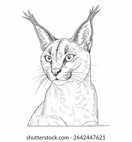 African Golden Cat – Caracal aurata. An elegant caracal with prominent tufted ears, illustrated in a detailed line drawing. The sketch captures the wildcat's facial features and fur texture