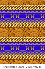 African golden chain pattern with tiger stripe background, tribal ethnic textile art, fashion design for fabric prints, hand drawn necklace bracelet jewelry illustration, vector, not AI generated