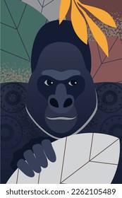 African gorilla portrait. Tropical exotic fauna, king kong face vector cartoon illustration