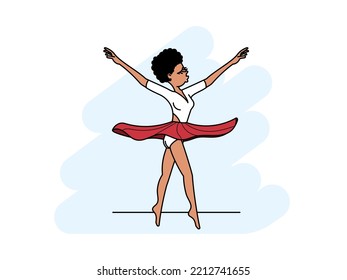 African graceful ballerina dances with elegantly raised arms. Flat color vector illustration with outline.	