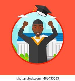 An african graduate in cloak and graduation hat throwing up his hat. Graduate celebrating on a background of educational building. Vector flat design illustration in the circle isolated on background.