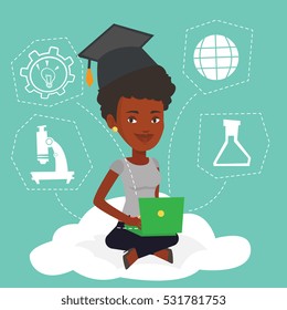 An african graduate sitting on cloud with laptop. Graduate using cloud computing technologies. Concept of educational technology and cloud computing. Vector flat design illustration. Square layout.